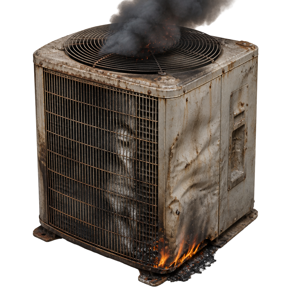 Old failing air conditioner condenser smoking and overheating